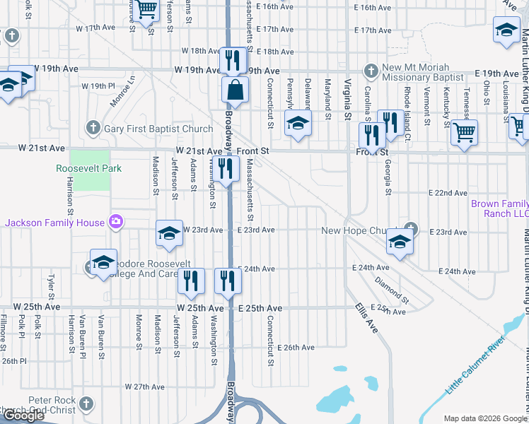 map of restaurants, bars, coffee shops, grocery stores, and more near 2286 Connecticut Street in Gary