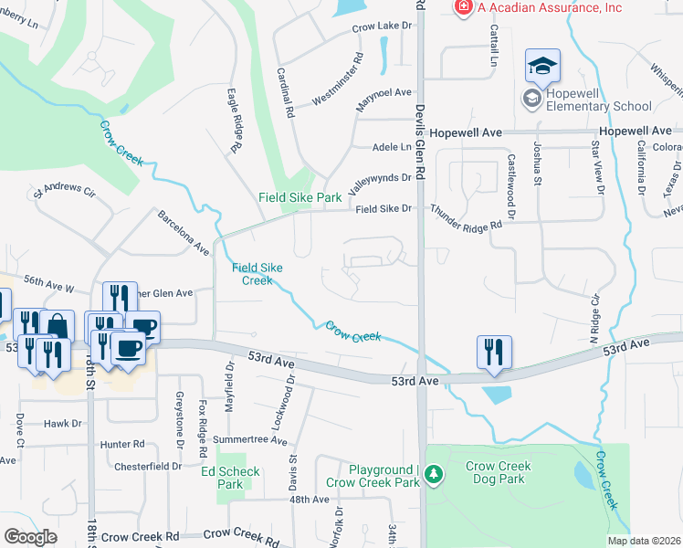 map of restaurants, bars, coffee shops, grocery stores, and more near 3150 Glenbrook Circle South in Bettendorf
