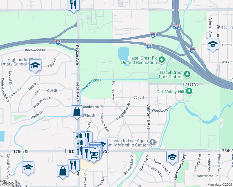 map of restaurants, bars, coffee shops, grocery stores, and more near 2905 172nd Street in Hazel Crest