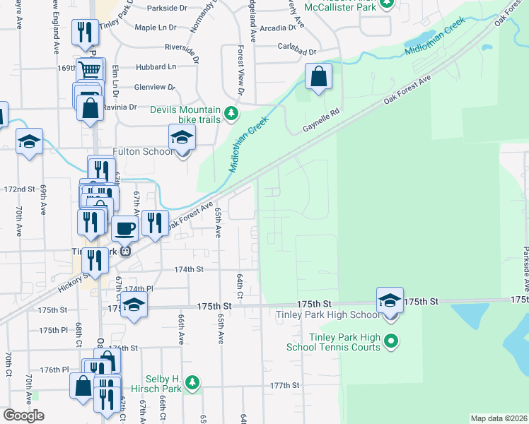 map of restaurants, bars, coffee shops, grocery stores, and more near 17301 S Ridgeland Ave in Tinley Park
