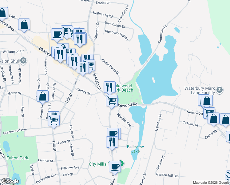 map of restaurants, bars, coffee shops, grocery stores, and more near 1906 North Main Street in Waterbury