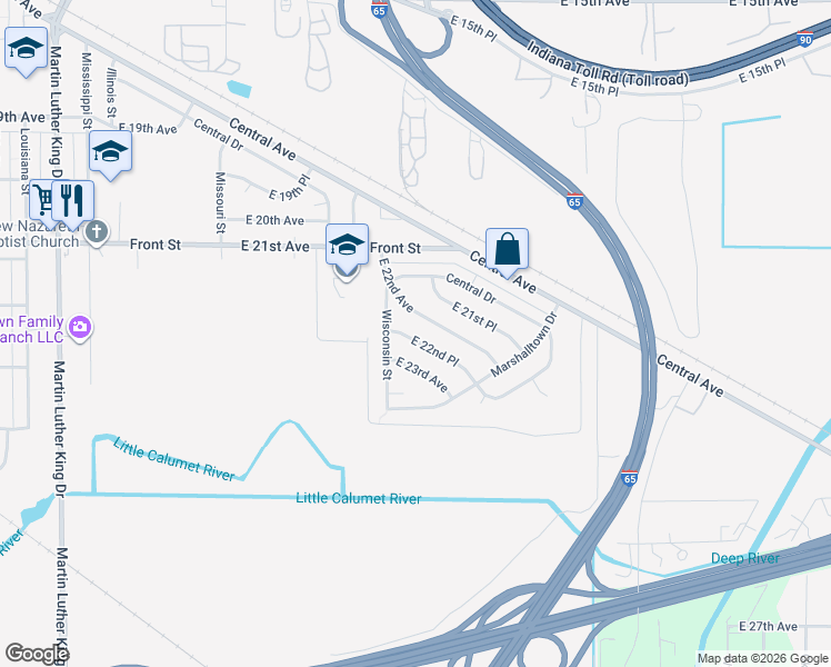 map of restaurants, bars, coffee shops, grocery stores, and more near 2557 East 22nd Place in Gary
