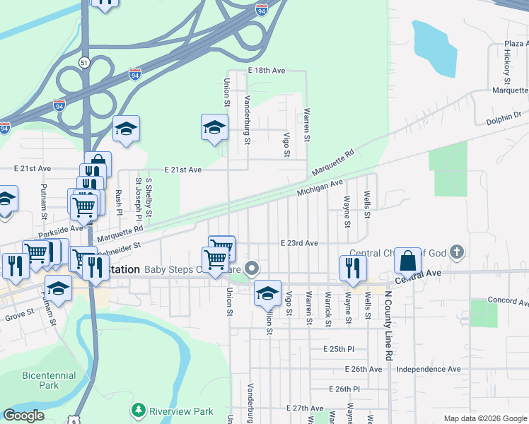 map of restaurants, bars, coffee shops, grocery stores, and more near 2228 Vermillion Street in Lake Station
