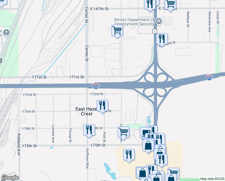 map of restaurants, bars, coffee shops, grocery stores, and more near 1007 172nd Street in Hazel Crest