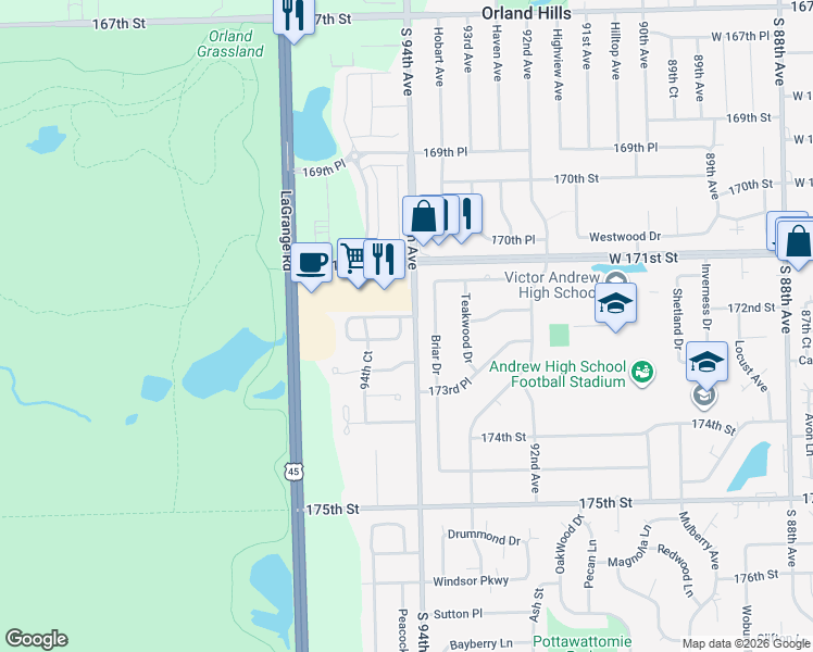 map of restaurants, bars, coffee shops, grocery stores, and more near 9400 173rd Street in Tinley Park