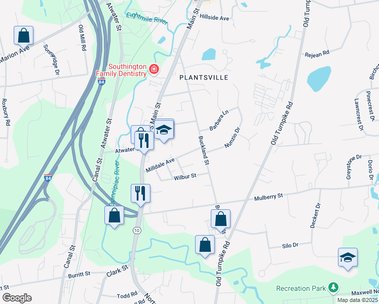 map of restaurants, bars, coffee shops, grocery stores, and more near 25 Franklin Street in Southington
