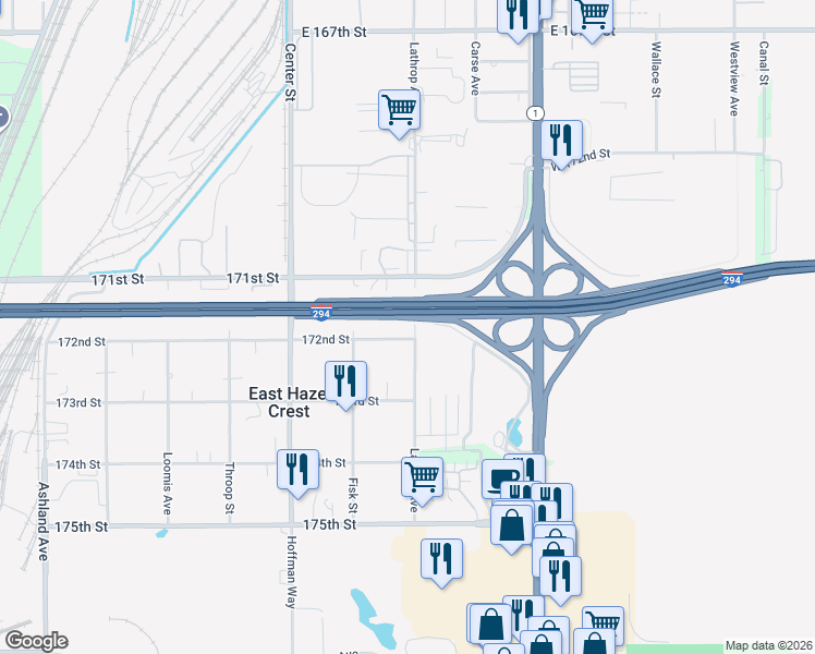 map of restaurants, bars, coffee shops, grocery stores, and more near 1007 172nd Street in Hazel Crest