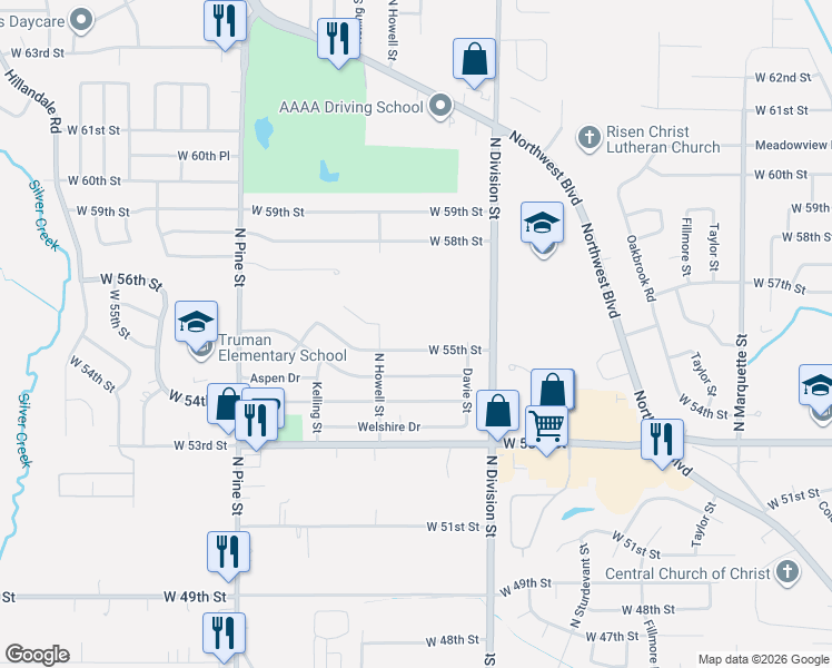 map of restaurants, bars, coffee shops, grocery stores, and more near 1805 West 55th Street in Davenport