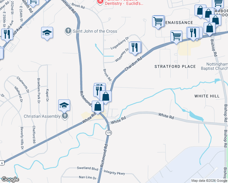 map of restaurants, bars, coffee shops, grocery stores, and more near 26510 Chardon Road in Richmond Heights
