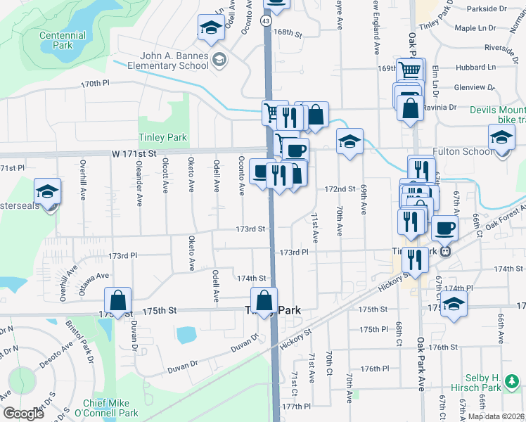 map of restaurants, bars, coffee shops, grocery stores, and more near 17300 South Harlem Avenue in Tinley Park