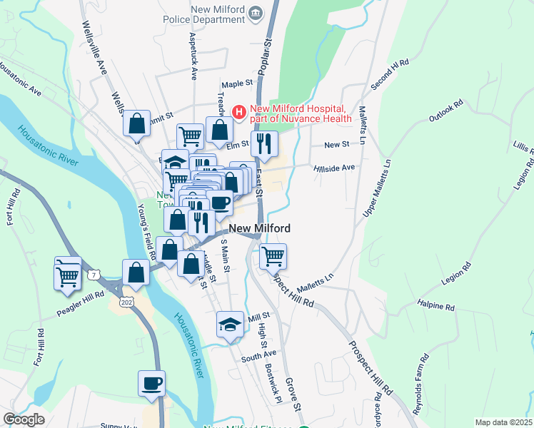 map of restaurants, bars, coffee shops, grocery stores, and more near in New Milford