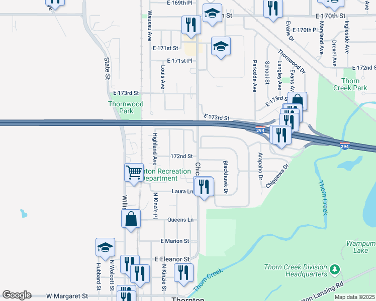 map of restaurants, bars, coffee shops, grocery stores, and more near 812 Chicago Road in Thornton