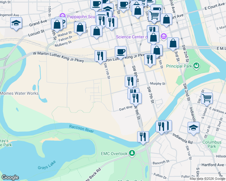 map of restaurants, bars, coffee shops, grocery stores, and more near 535 Southwest 11th Street in Des Moines