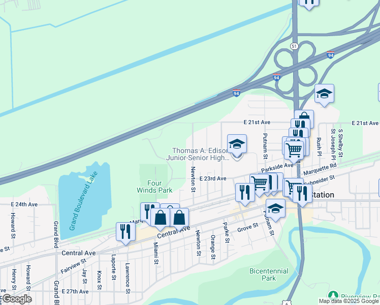 map of restaurants, bars, coffee shops, grocery stores, and more near 2200 Newton Street in Gary