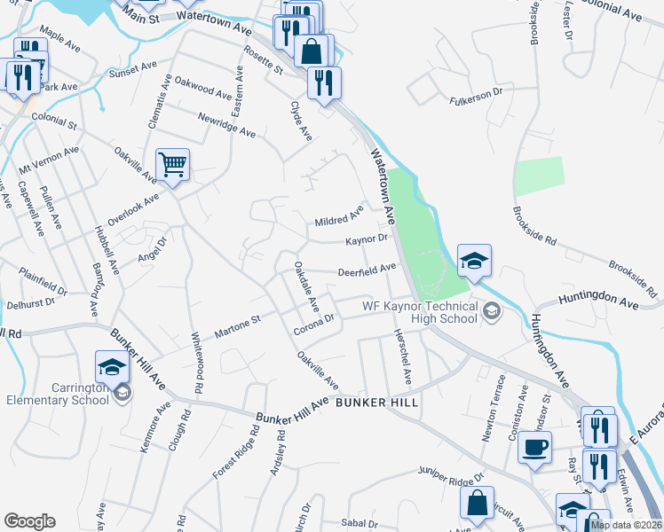 map of restaurants, bars, coffee shops, grocery stores, and more near 87 Deerfield Avenue in Waterbury