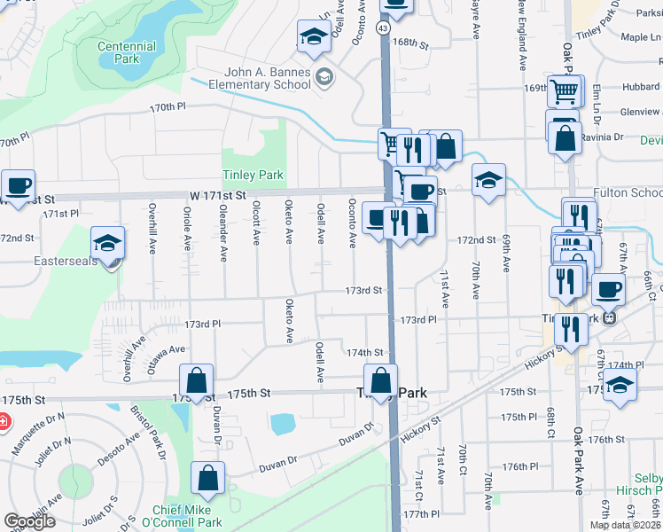 map of restaurants, bars, coffee shops, grocery stores, and more near 7286 173rd Street in Tinley Park