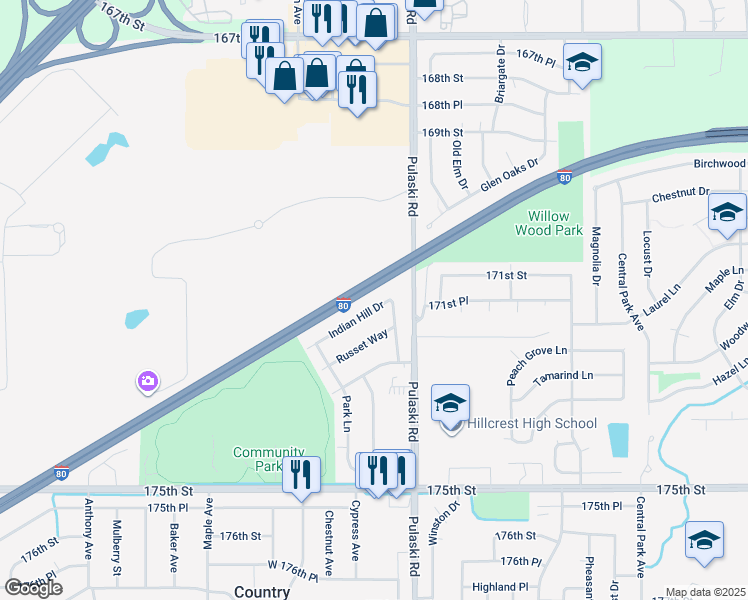 map of restaurants, bars, coffee shops, grocery stores, and more near 4044 Indian Hill Drive in Country Club Hills