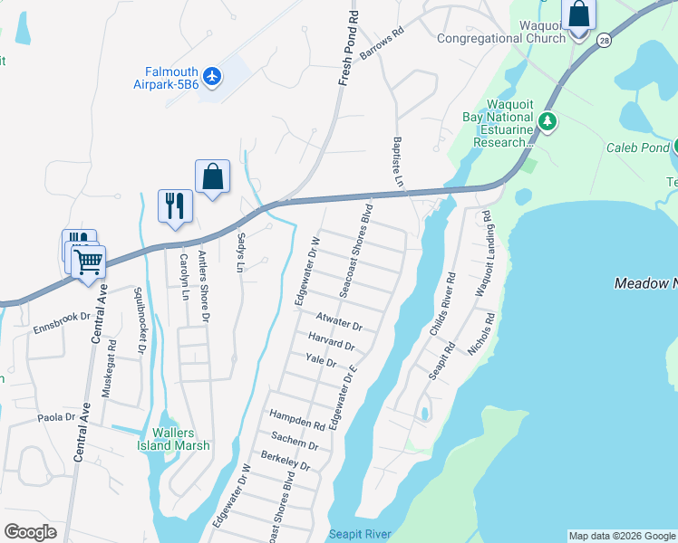map of restaurants, bars, coffee shops, grocery stores, and more near 18 Winchester Drive in Falmouth