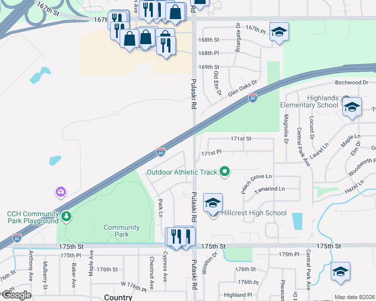 map of restaurants, bars, coffee shops, grocery stores, and more near 17101 Apple Tree Drive in Country Club Hills