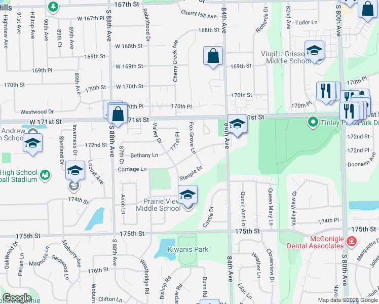 map of restaurants, bars, coffee shops, grocery stores, and more near 17149 Bethany Lane in Tinley Park