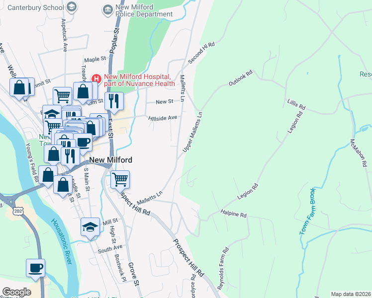 map of restaurants, bars, coffee shops, grocery stores, and more near 14 Upper Malletts Lane in New Milford