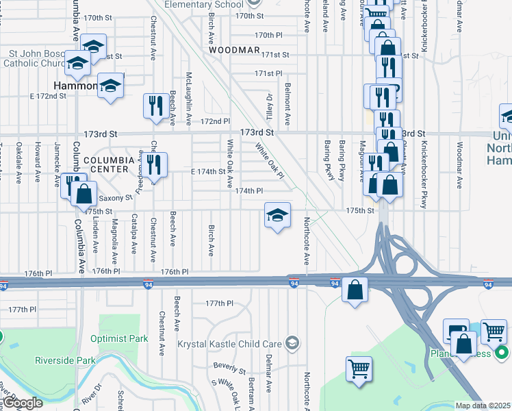 map of restaurants, bars, coffee shops, grocery stores, and more near 1633 174th Place in Hammond