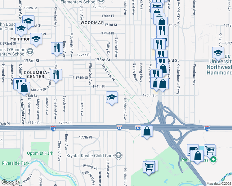 map of restaurants, bars, coffee shops, grocery stores, and more near 1677 175th Street in Hammond