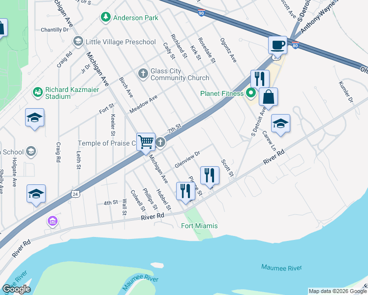 map of restaurants, bars, coffee shops, grocery stores, and more near 943 Askin Street in Maumee