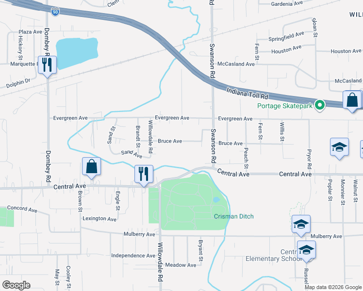 map of restaurants, bars, coffee shops, grocery stores, and more near 5500-5598 Bruce Avenue in Portage