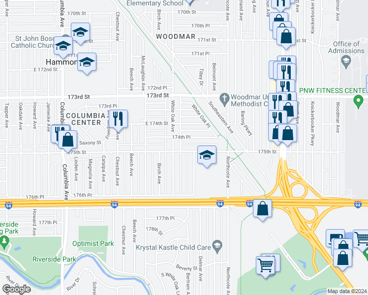 map of restaurants, bars, coffee shops, grocery stores, and more near 1619 175th Street in Hammond