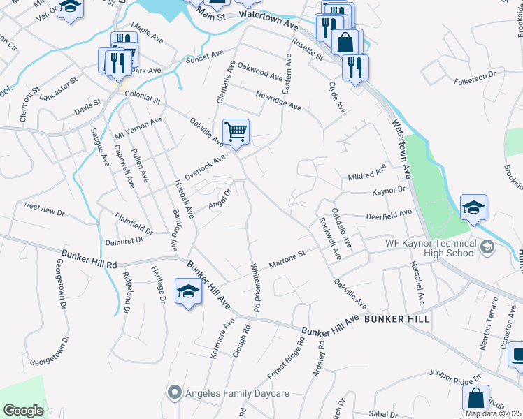 map of restaurants, bars, coffee shops, grocery stores, and more near 279 Oakville Avenue in Waterbury