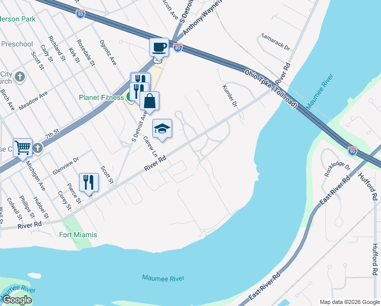 map of restaurants, bars, coffee shops, grocery stores, and more near 616 Valley Drive in Maumee