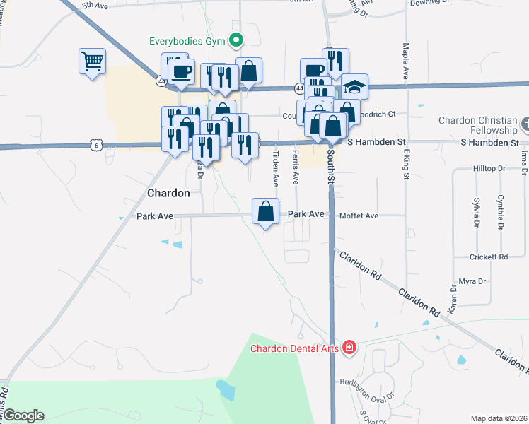map of restaurants, bars, coffee shops, grocery stores, and more near 128 Tilden Avenue in Chardon