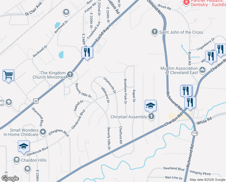 map of restaurants, bars, coffee shops, grocery stores, and more near 25601 Glenbrook Boulevard in Euclid