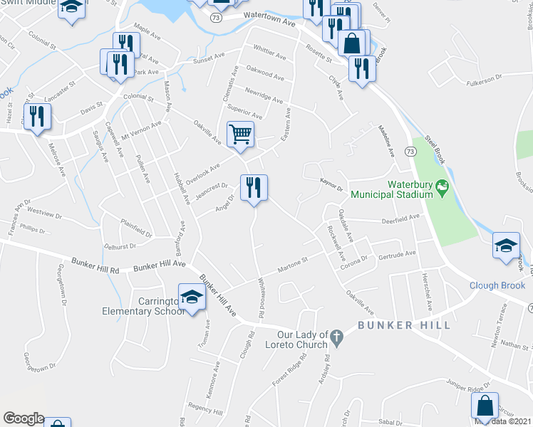 map of restaurants, bars, coffee shops, grocery stores, and more near 259 Oakville Avenue in Waterbury