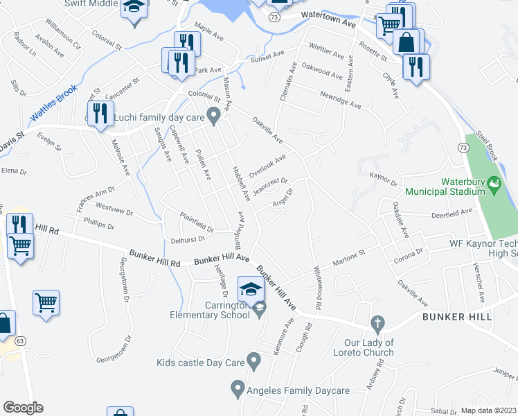 map of restaurants, bars, coffee shops, grocery stores, and more near 118 Angel Drive in Waterbury