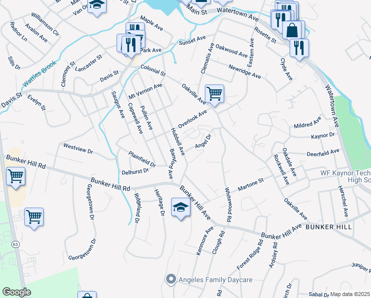 map of restaurants, bars, coffee shops, grocery stores, and more near 118 Angel Drive in Waterbury