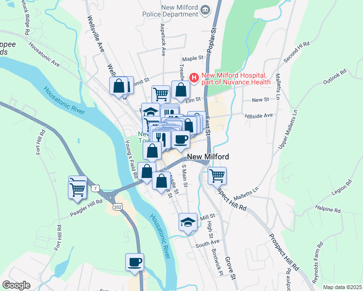 map of restaurants, bars, coffee shops, grocery stores, and more near 27 Main Street in New Milford