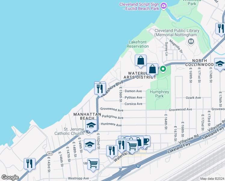 map of restaurants, bars, coffee shops, grocery stores, and more near in Cleveland