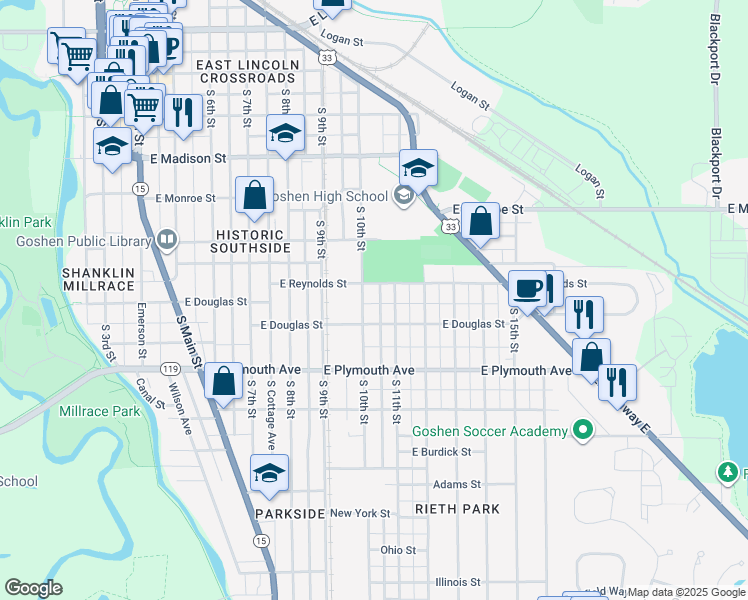 map of restaurants, bars, coffee shops, grocery stores, and more near 757-799 E Reynolds St in Goshen
