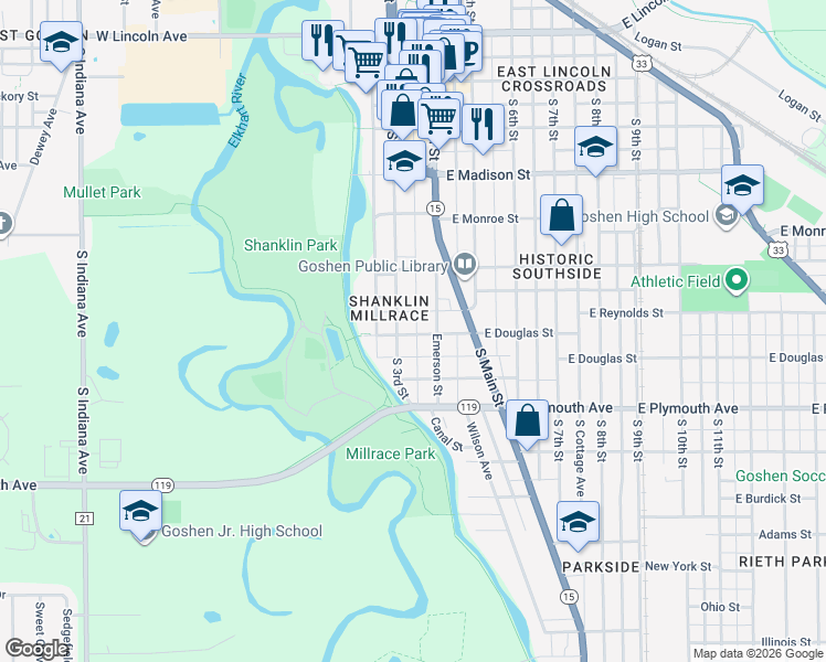 map of restaurants, bars, coffee shops, grocery stores, and more near 617 South 3rd Street in Goshen