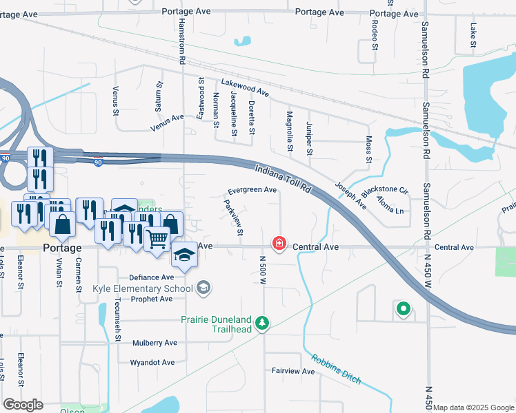 map of restaurants, bars, coffee shops, grocery stores, and more near 6495-6599 Evergreen Avenue in Portage