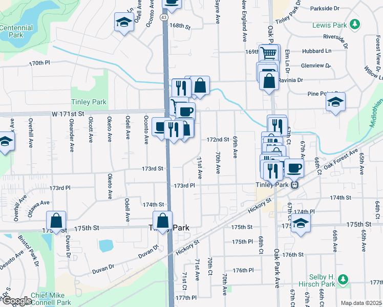 map of restaurants, bars, coffee shops, grocery stores, and more near 17129 South Harlem Avenue in Tinley Park