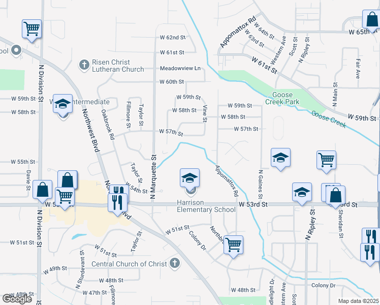 map of restaurants, bars, coffee shops, grocery stores, and more near 1041 West 57th Street in Davenport