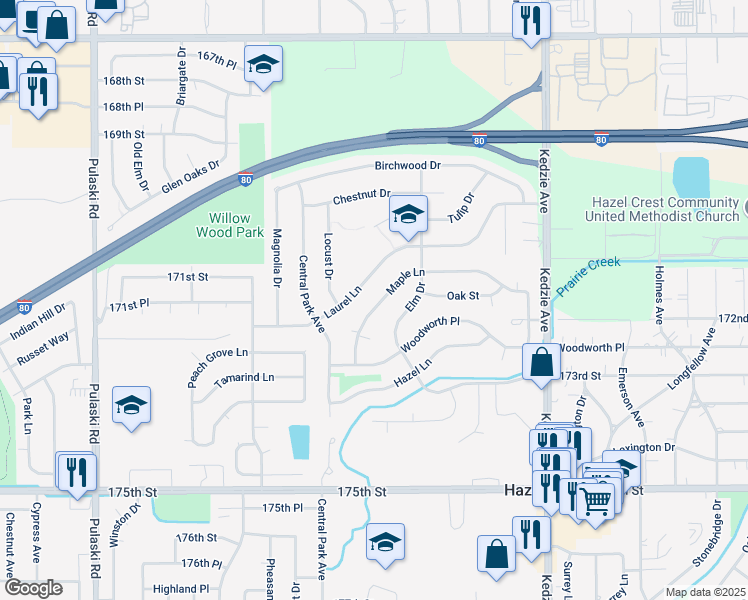 map of restaurants, bars, coffee shops, grocery stores, and more near 3505 Laurel Lane in Hazel Crest