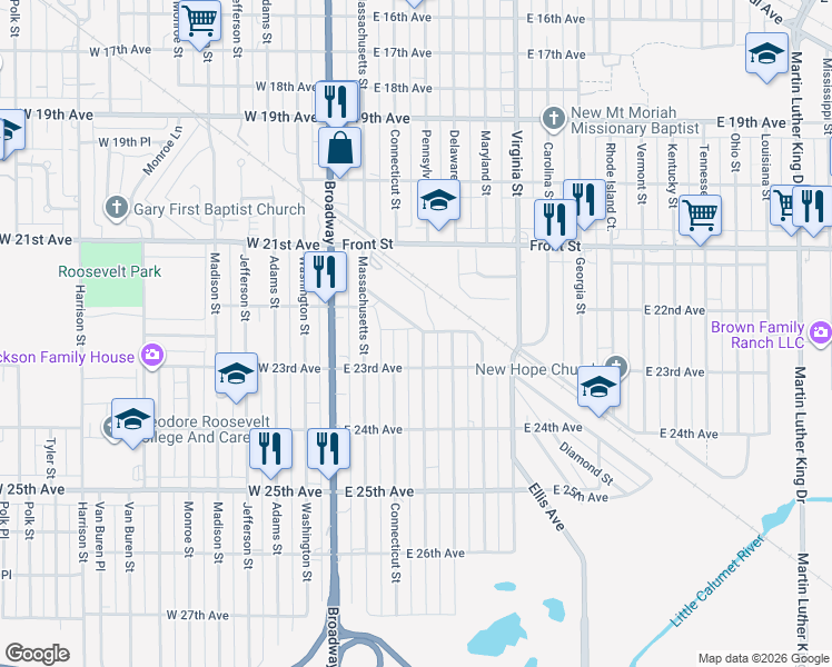 map of restaurants, bars, coffee shops, grocery stores, and more near 2156-2238 Industrial Boulevard in Highland