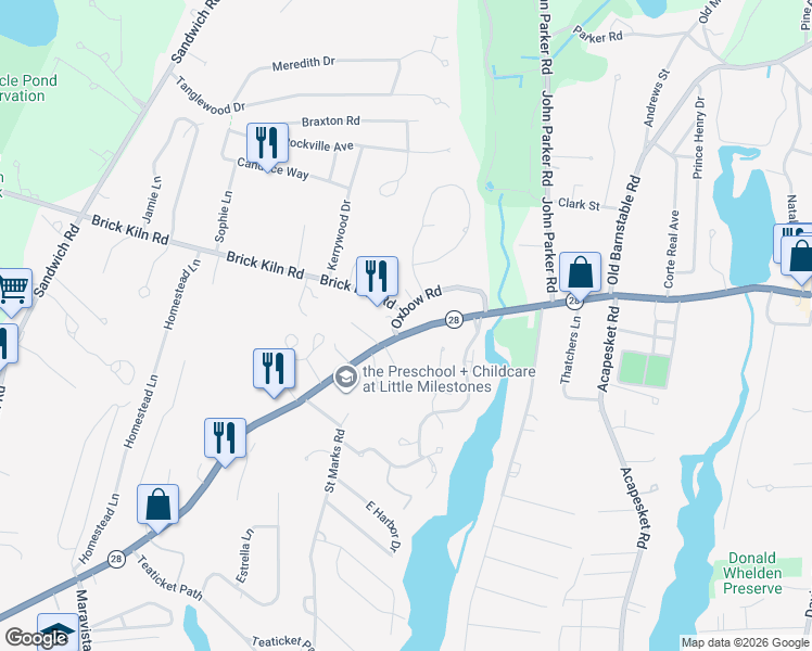 map of restaurants, bars, coffee shops, grocery stores, and more near 41 Oxbow Road in Falmouth