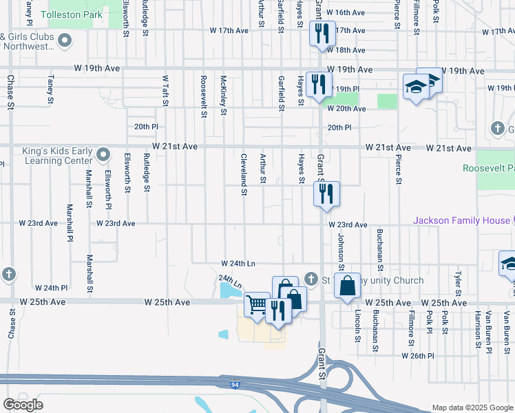 map of restaurants, bars, coffee shops, grocery stores, and more near 2208 Arthur Street in Gary