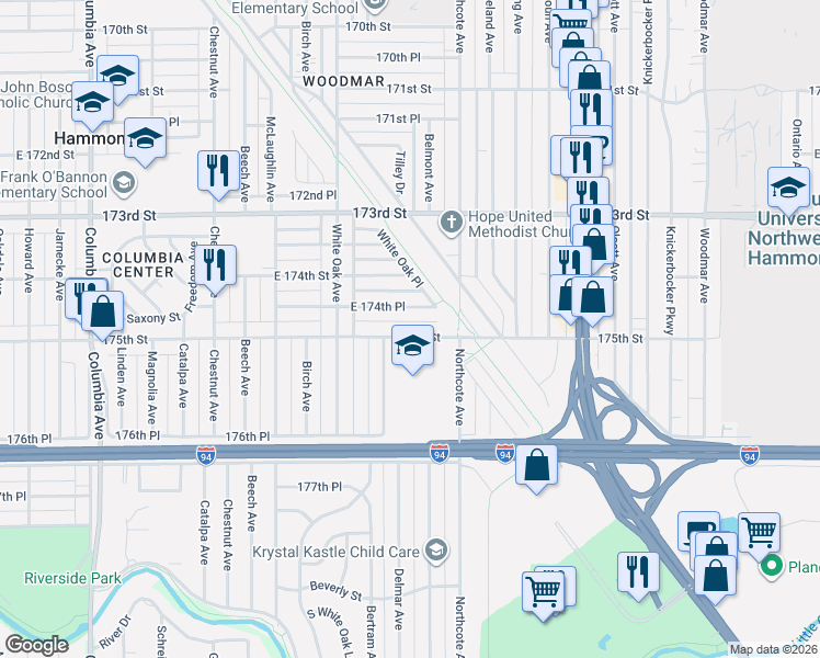 map of restaurants, bars, coffee shops, grocery stores, and more near 1663 East 174th Place in Hammond
