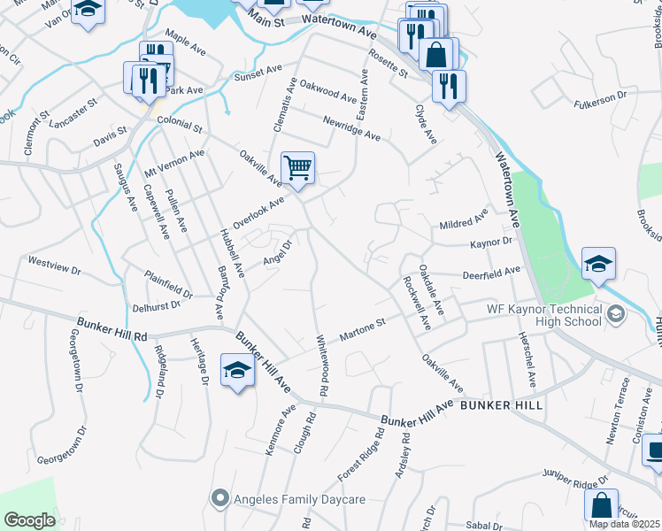 map of restaurants, bars, coffee shops, grocery stores, and more near 259 Oakville Avenue in Waterbury